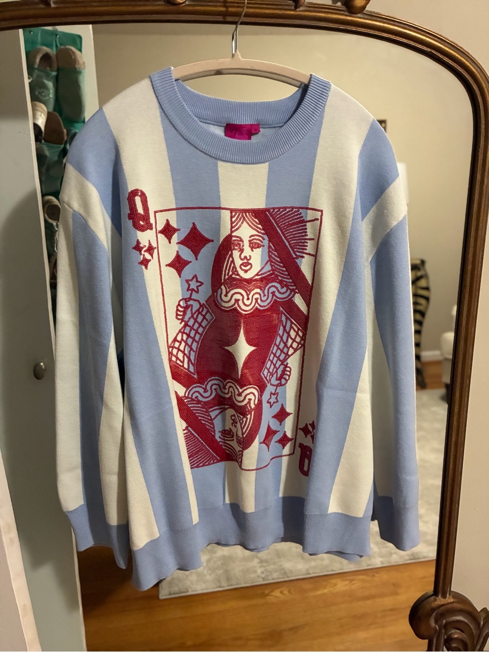 Men's Light Blue & White Striped Sweater with Red Playing Card Motif never worn